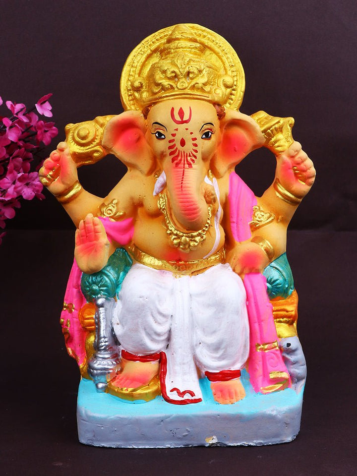 8.5 Inch Bhupati Eco-Friendly Ganesha Idol in majestic Raja pose, hand-painted with eco-safe colors and made from natural clay. India’s Largest Pooja Accessories Brand – www.satvikworld.com