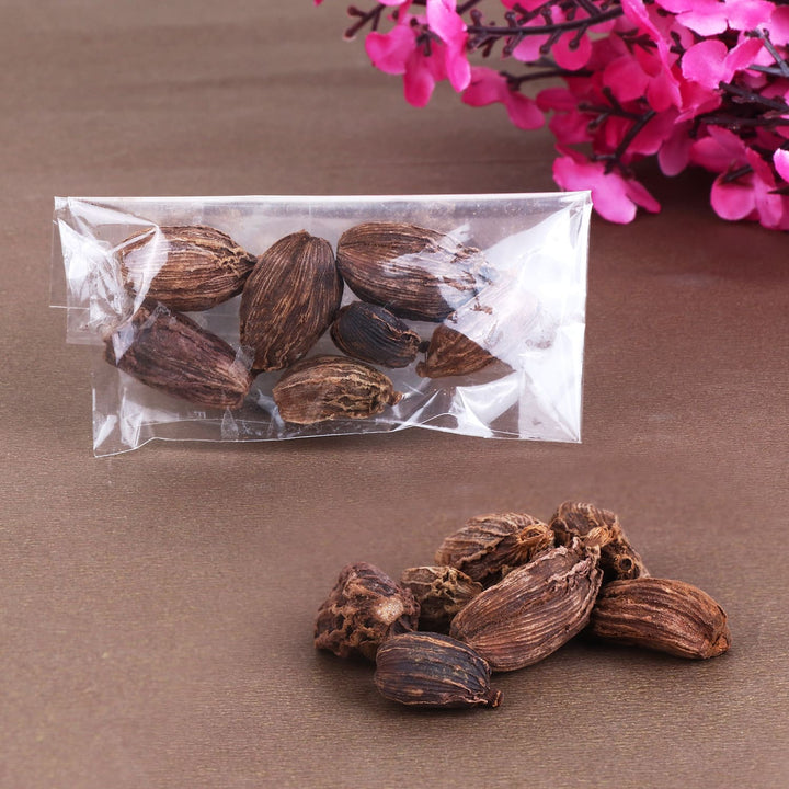Premium Black Cardamom (Badi Elaychi) 10gm pack for culinary and spiritual use, offering a rich and aromatic flavor. India’s Largest Pooja Accessories Brand – www.satvikworld.com