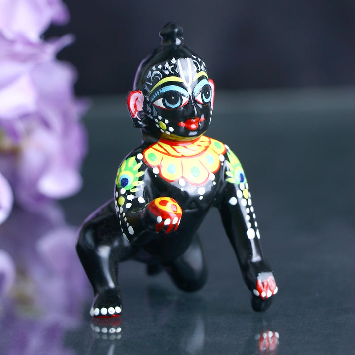 Brass Black Laddu Gopal Idol depicting child form of Lord Krishna, intricately crafted for temple pooja and festive worship. India’s Largest Pooja Accessories Brand – www.satvikworld.com
