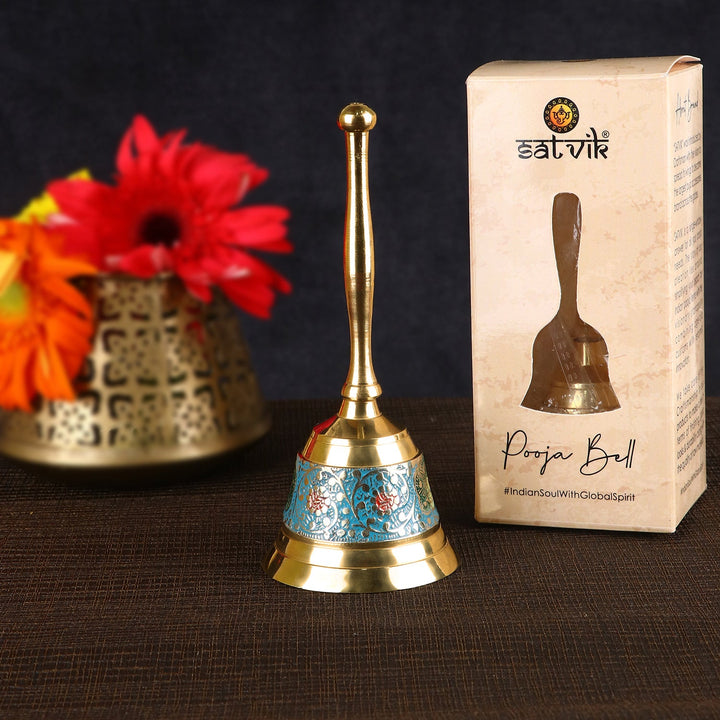 Enthralling brass puja bell/ghanti with a polished finish and traditional design, ideal for temple rituals, daily pooja, and devotional ceremonies. India’s Largest Pooja Accessories Brand – www.satvikworld.com