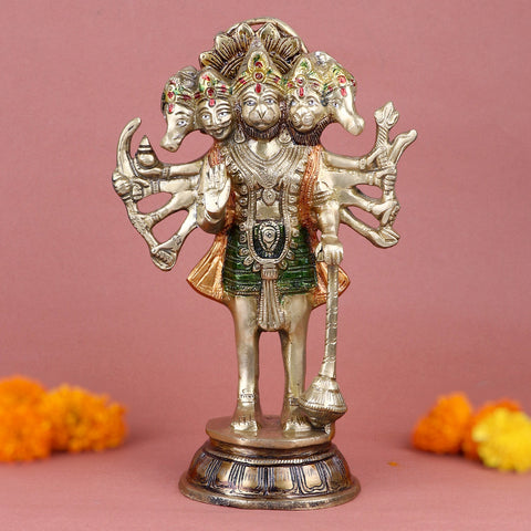 Intricately Handcrafted Brass Panchmukhi Hanuman Standing Statue Featuring Five Revered Faces and Majestic Posture, Representing Courage, Devotion, and Protection. Perfect for Enhancing the Spiritual Aura of Your Home, Temple, or Meditation Space. India’s Largest Pooja Accessories Brand – www.satvikworld.com
