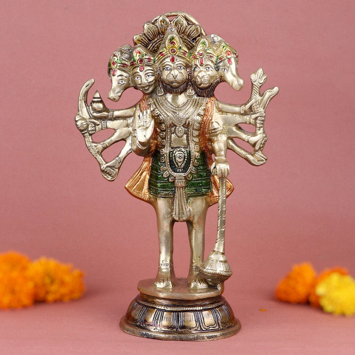 Intricately Handcrafted Brass Panchmukhi Hanuman Standing Statue Featuring Five Revered Faces and Majestic Posture, Representing Courage, Devotion, and Protection. Perfect for Enhancing the Spiritual Aura of Your Home, Temple, or Meditation Space. India’s Largest Pooja Accessories Brand – www.satvikworld.com