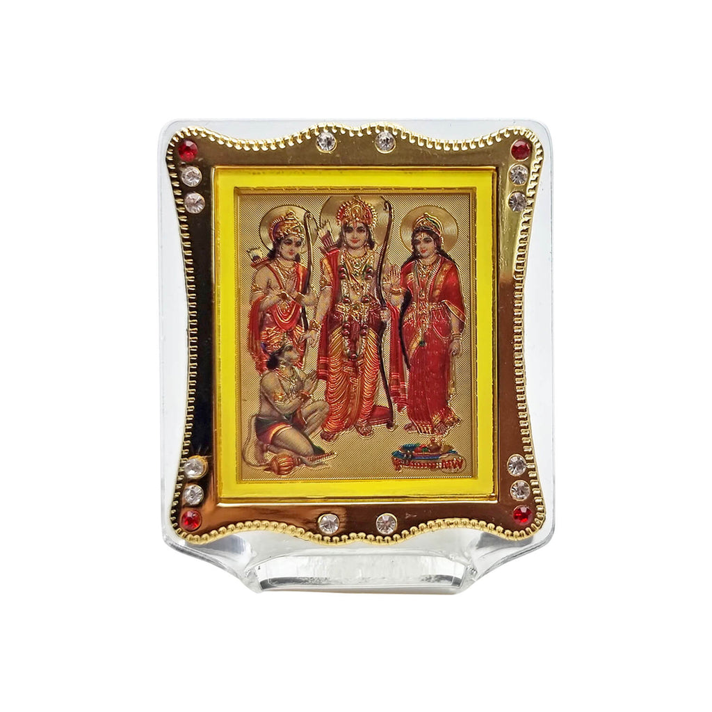 Ram Darbaar framed photo for car dashboard featuring Lord Ram, Sita, Lakshman, and Hanuman for spiritual protection and blessings. India’s Largest Pooja Accessories Brand – www.satvikworld.com
