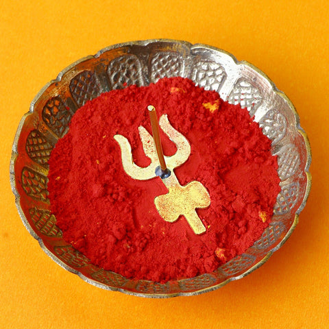 Brass Trishul with Damru Tilak Stamp Deity Ornament featuring detailed Trishul and Damru symbols, ideal for applying sacred tilak during Shiv pooja and spiritual rituals.India’s Largest Pooja Accessories Brand – www.satvikworld.com