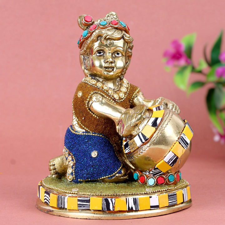 Bal Gopal with Makhan Matki – Divine Brass Idol of Lord Krishna as a Child (Bal Gopal), Holding a Makhan Matki (Butter Pot), Symbolizing Playfulness, Divine Love, and Innocence. Perfect for Temple, Home Decor, and Spiritual Worship, Handcrafted with Intricate Detailing, Ideal for Puja, Mandir Decoration, and Bringing Blessings of Joy and Prosperity | India’s Largest Pooja Accessories Brand – www.satvikworld.com