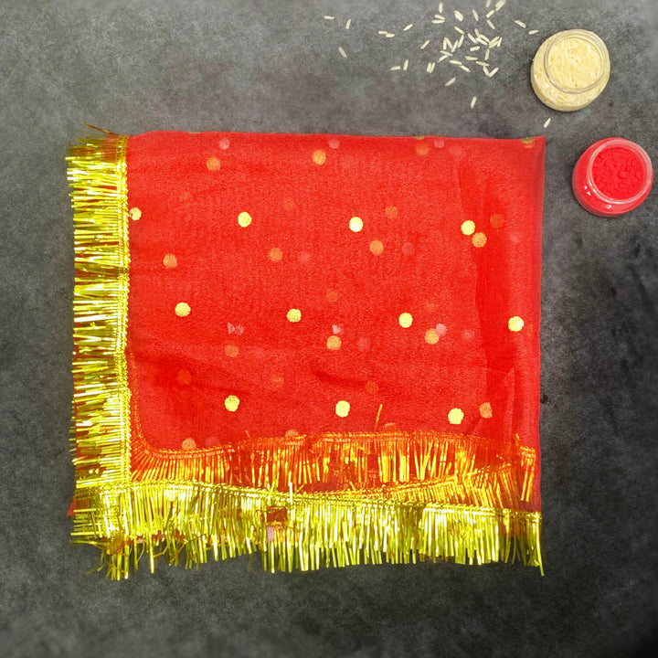 Elegant big dotted Mata ki Chunari measuring 106.68x48.26cm for pooja and idol decoration. India’s Largest Pooja Accessories Brand – www.satvikworld.com