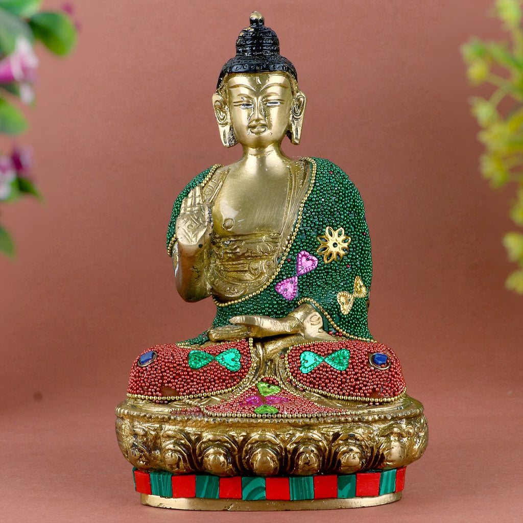 Decorated Brass Buddha Idol – Elegant Brass Statue of Lord Buddha, Symbolizing Peace, Enlightenment, and Tranquility. Handcrafted with Intricate Detailing and Decorative Elements, Perfect for Temple, Home Decor, and Meditation Spaces. Ideal for Spiritual Worship, Puja, and Mandir Decoration, Bringing Calmness and Divine Energy to Your Home | India’s Largest Pooja Accessories Brand – www.satvikworld.com