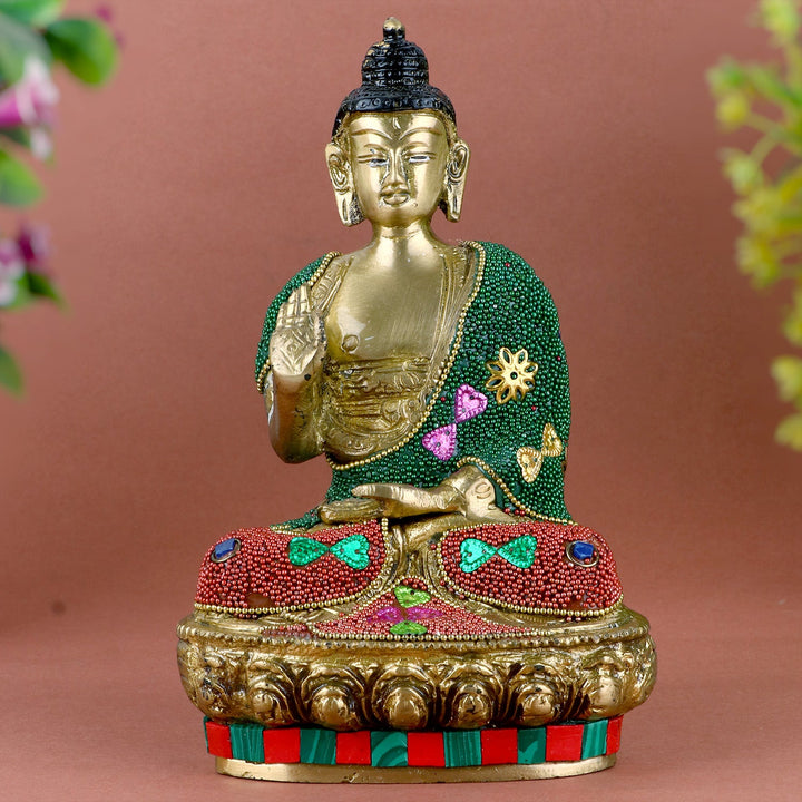 Decorated Brass Buddha Idol – Elegant Brass Statue of Lord Buddha, Symbolizing Peace, Enlightenment, and Tranquility. Handcrafted with Intricate Detailing and Decorative Elements, Perfect for Temple, Home Decor, and Meditation Spaces. Ideal for Spiritual Worship, Puja, and Mandir Decoration, Bringing Calmness and Divine Energy to Your Home | India’s Largest Pooja Accessories Brand – www.satvikworld.com
