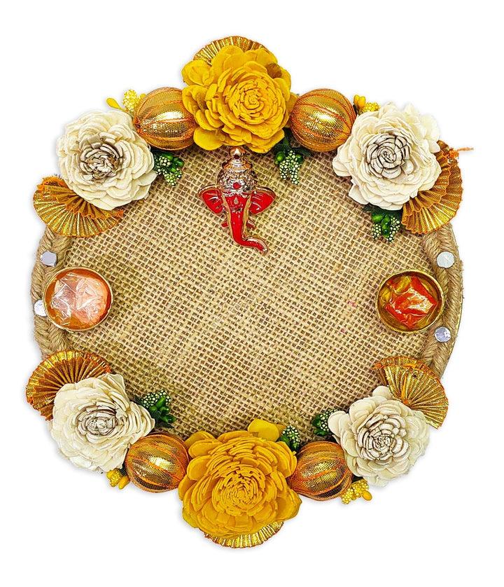 Eco-friendly floral jute designer puja thali with elegant decorative elements for traditional rituals India’s Largest Pooja Accessories Brand – www.satvikworld.com