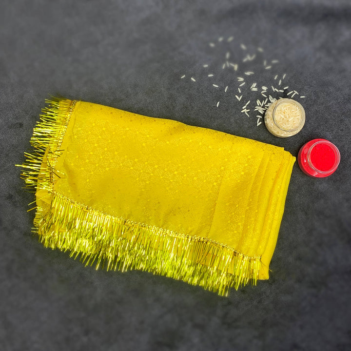 Bright yellow Mata ki Chunari/Shawl measuring 184.1 x 104.1 cm (72.5 x 41 inch) for pooja and idol decoration. India’s Largest Pooja Accessories Brand – www.satvikworld.com